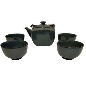 Japanese Ceramic Tea Set Teapot + 4 Yunomi Cups Teal Blue Glaze EUC